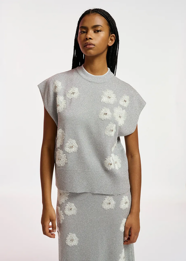 Silver Lurex Knitted Top W/ Beaded Embroideries